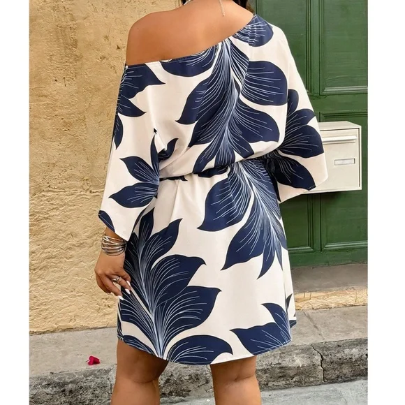 Plus Tropical Print One Shoulder Belted Batwing Sleeve Dress - Picture 6 of 9